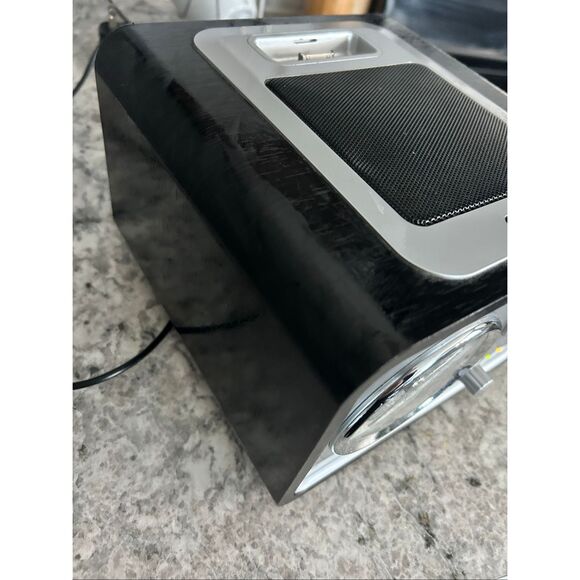 Crosley Tabletop AM/FM Radio w/ iPod Dock, AUX In, Line Out, Black/Silver Works - Picture 5 of 6